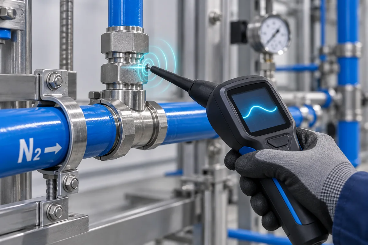 Kontrola połączenia rurociągu gazowego przy użyciu detektora ultradźwiękowego